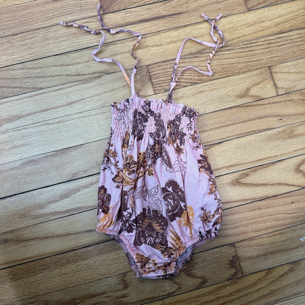 Bebe Organic Pink Floral Smocked‎ Bubble One Piece Linen Cotton Blend 9 Months
